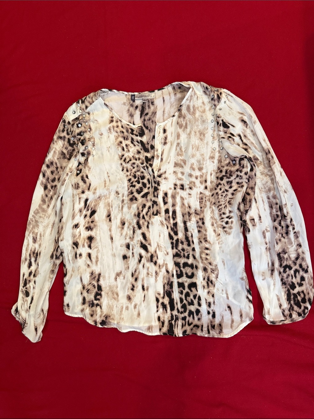 Jennifer Lopez Cream Leopard Print Long Sleeve Blouse with rhinestones NWT
